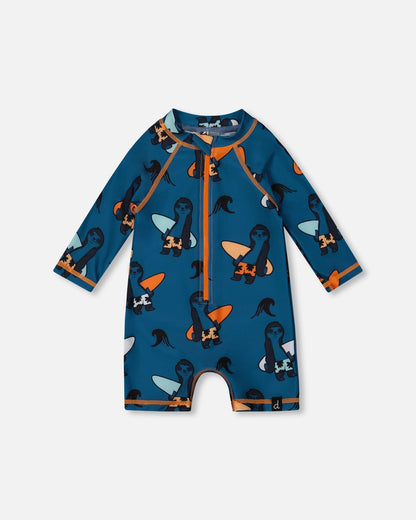Printed Long Sleeve One-Piece Rashguard Orange Sloths On Navy Blue