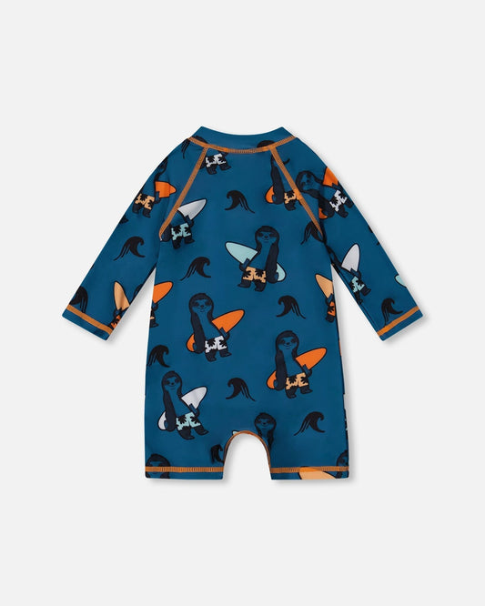 Printed Long Sleeve One-Piece Rashguard Orange Sloths On Navy Blue
