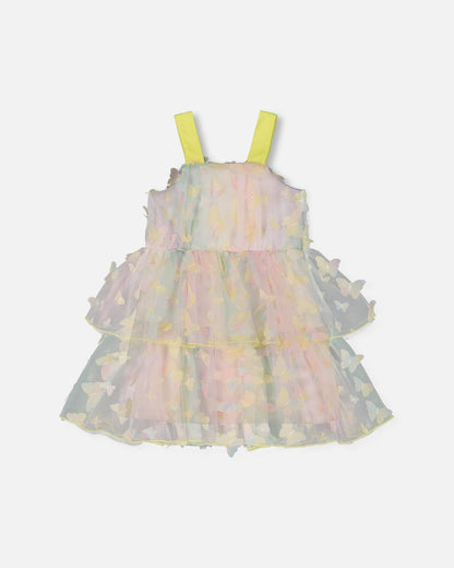 Tiered Printed Mesh Dress Multicolored With Butterflies