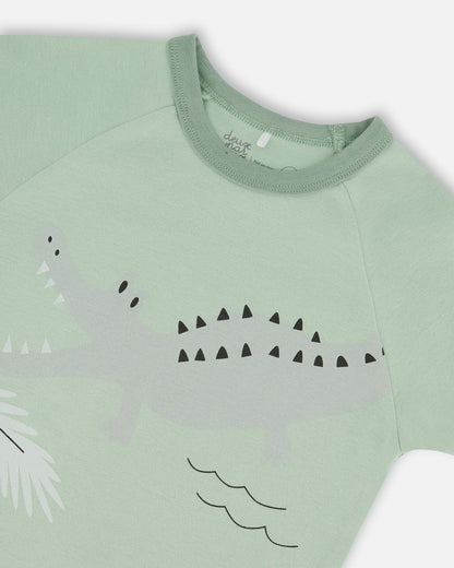 Organic Cotton Two-Piece Short Pajama Set Light Sage And Gray Crocodile