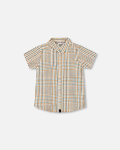 Short Sleeve Button Down Shirt Beige And Sage Plaid