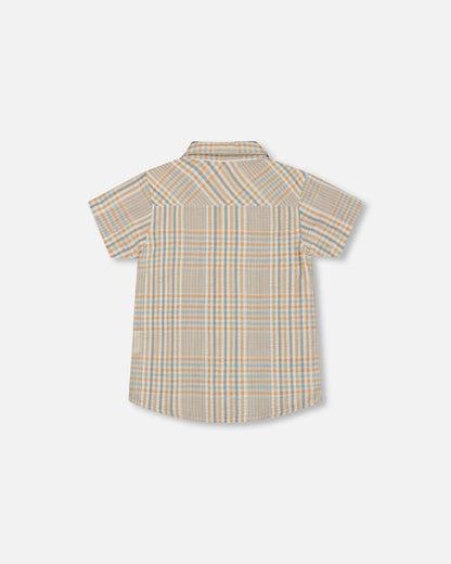 Short Sleeve Button Down Shirt Beige And Sage Plaid