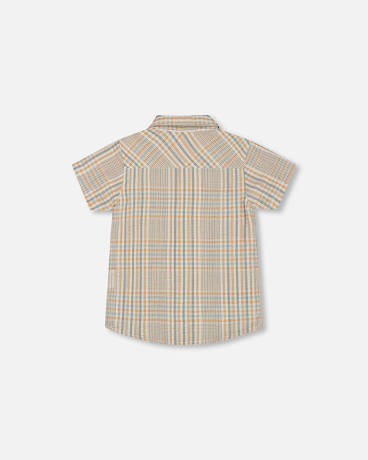 Short Sleeve Button Down Shirt Beige And Sage Plaid
