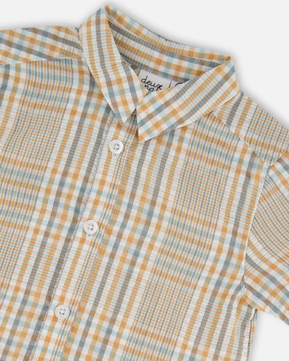 Short Sleeve Button Down Shirt Beige And Sage Plaid