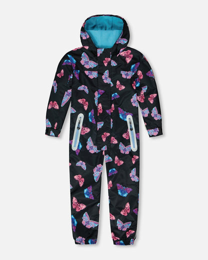 Printed Mid-Season One-Piece Outerwear Multicolored Butterflies On Black Background