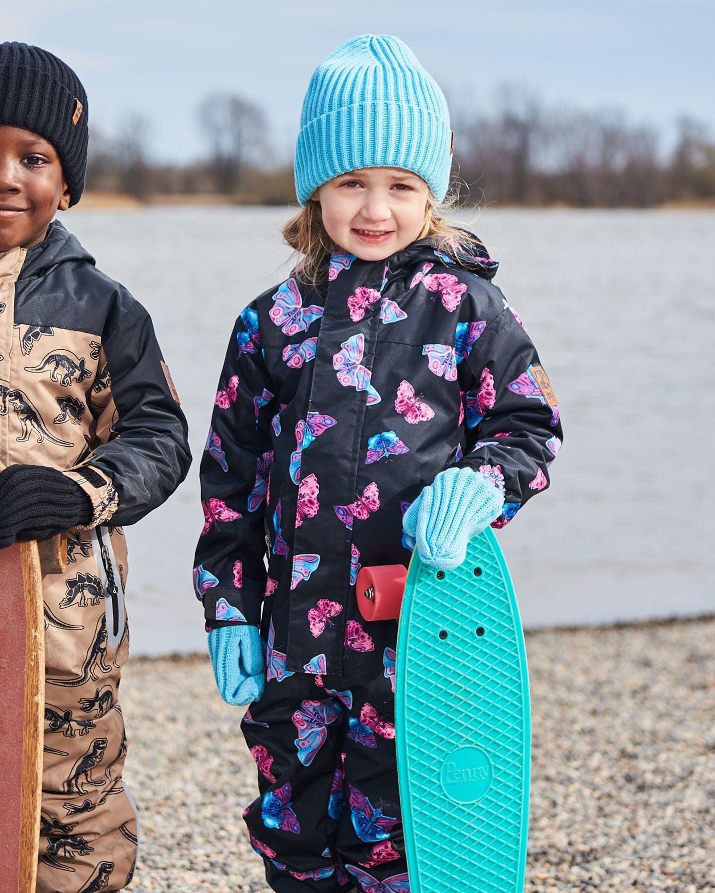 Printed Mid-Season One-Piece Outerwear Multicolored Butterflies On Black Background