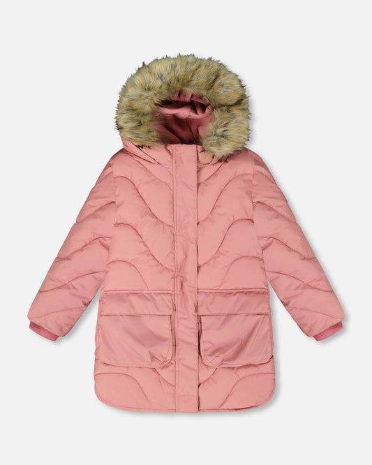 Long Wavy Quilt Puffy Winter Coat Dusty Pink